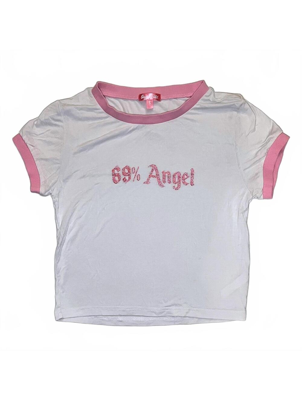 Dolls Kill Sugar Thrillz 69% Angel White and Pink Ringer Cropped Baby Tee Size L
